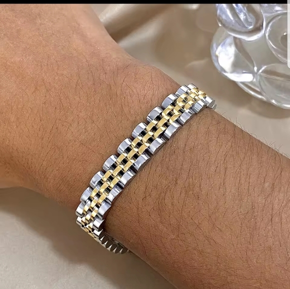 5Layer 10mm Beaded Bracelet 2 tone Classic Stainless steel Band Watch Chain Bang - Picture 3 of 4